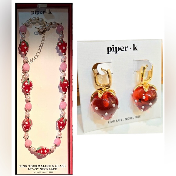 PIPER K SET Viral Glass & Tourmaline Strawberry Necklace & Matching Earrings NWT - Picture 1 of 6